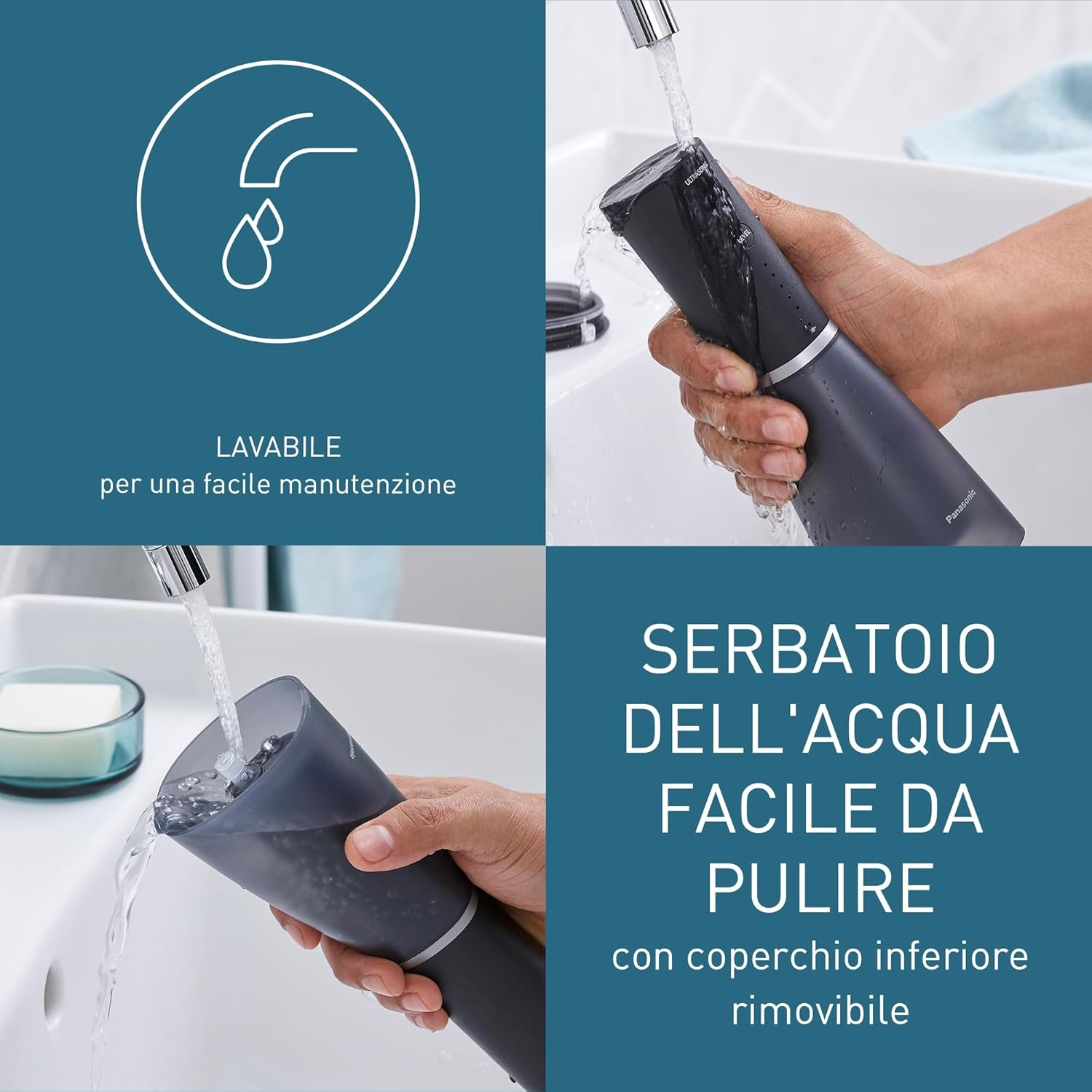 Un idropulsore scuro viene sciacquato sotto acqua corrente. Il serbatoio è rimovibile.