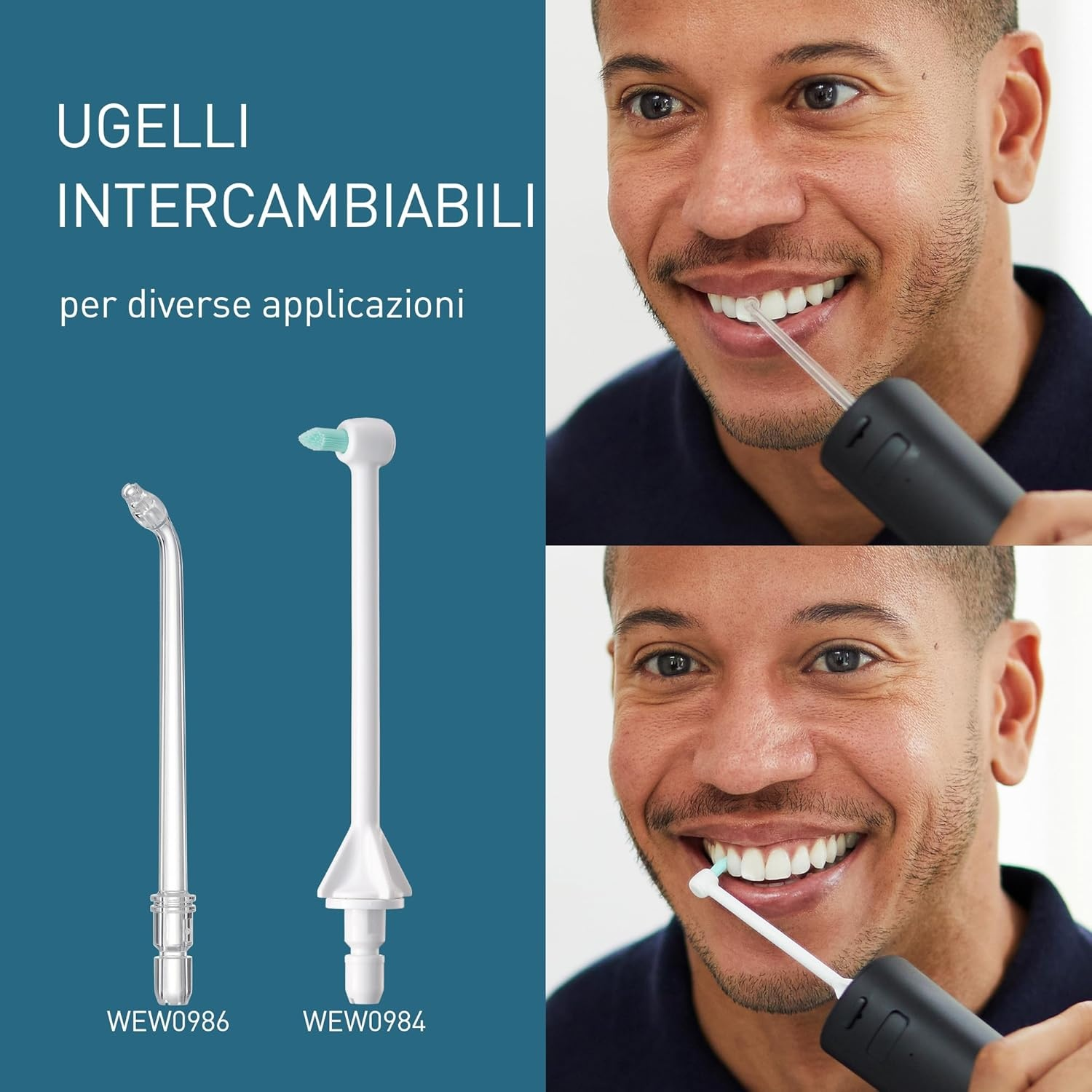 Uomo pulisce i denti con irrigatore orale; due ugelli uno accanto all'altro.