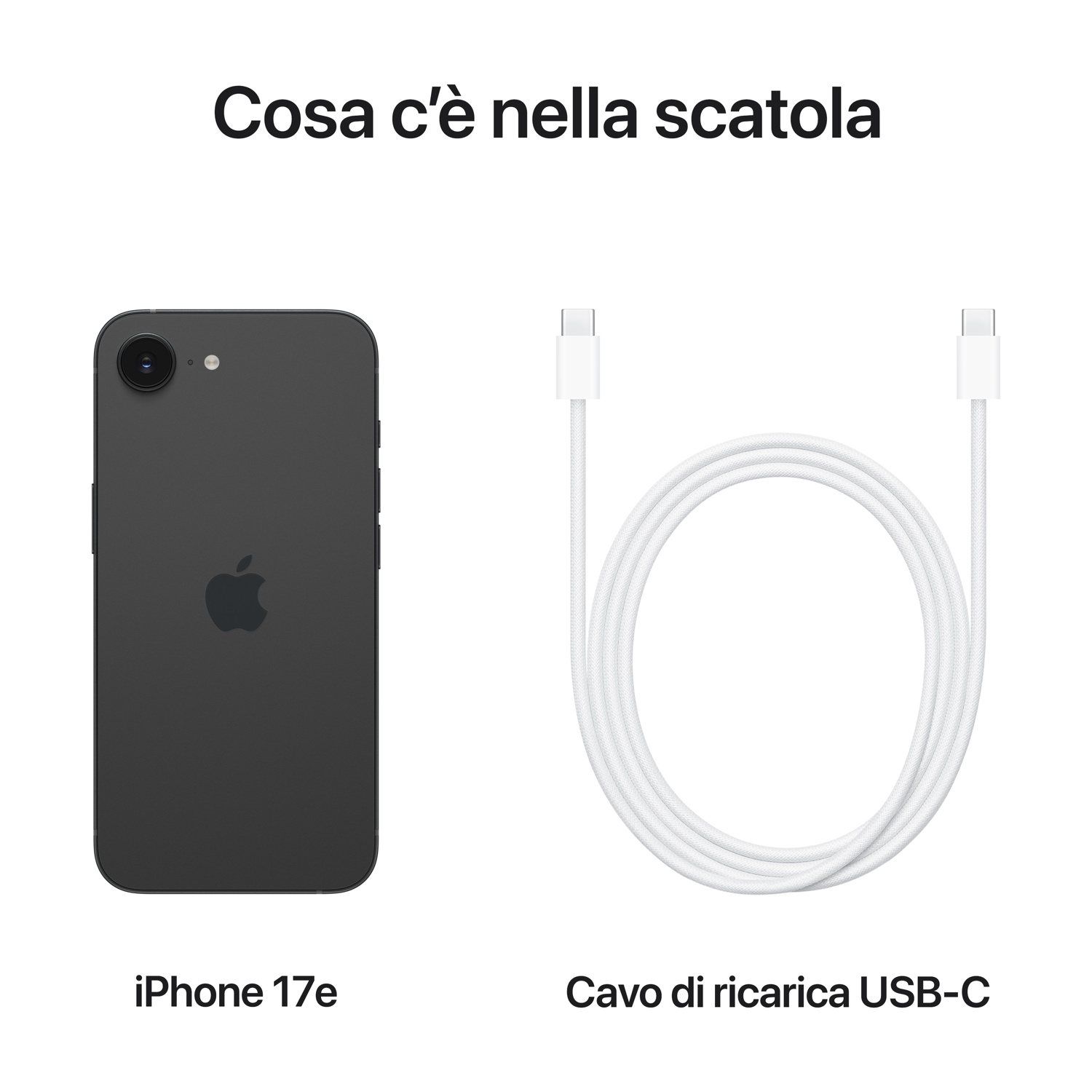 iPhone 17e grigio scuro con cavo di ricarica su sfondo bianco.