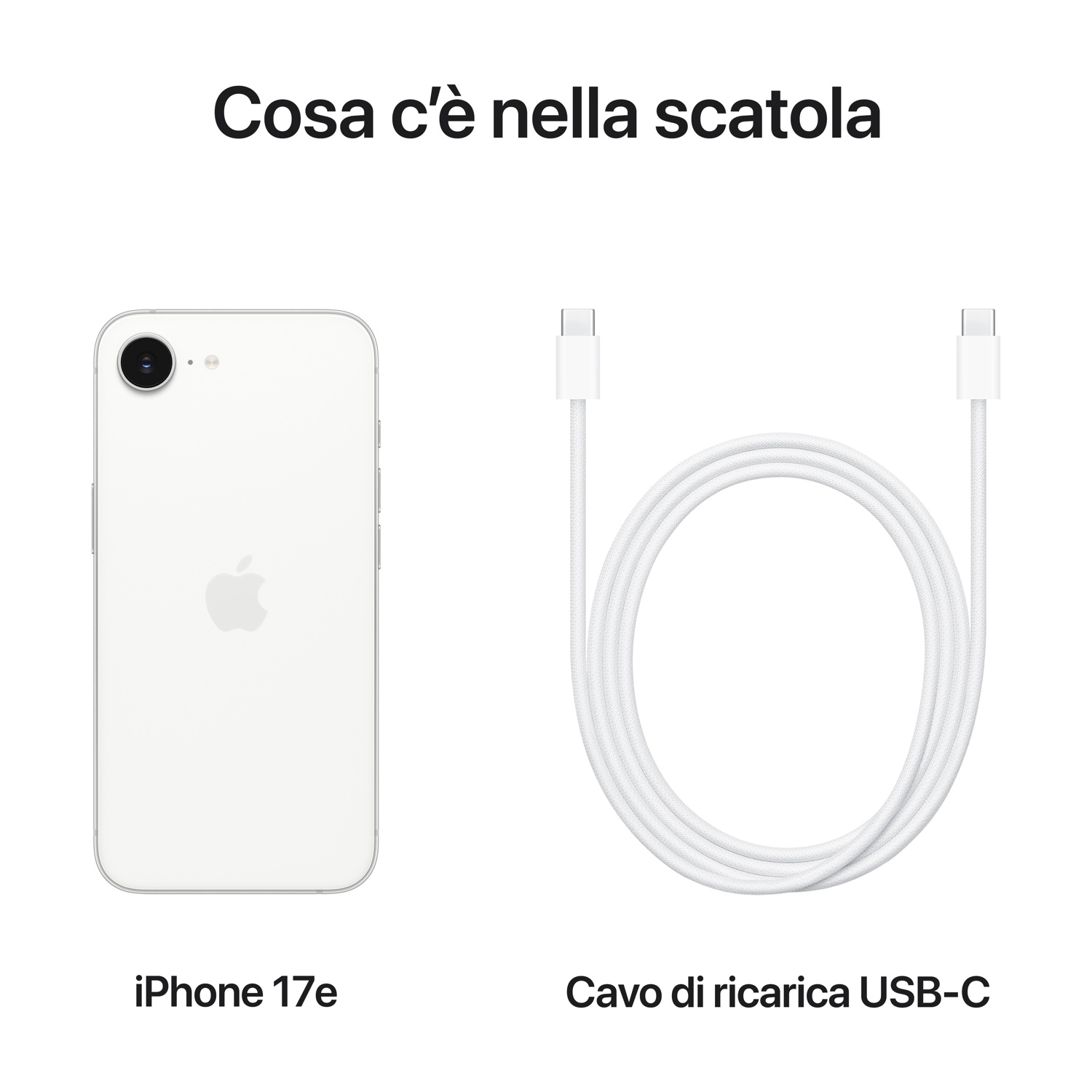Un iPhone 17e bianco e un cavo di ricarica USB-C bianco.