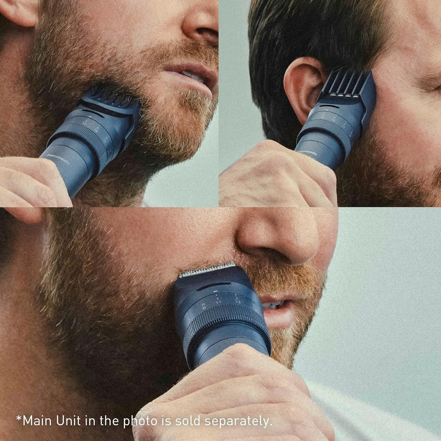 Uomo che taglia barba e basette con rifinitore blu scuro. Riprese ravvicinate.