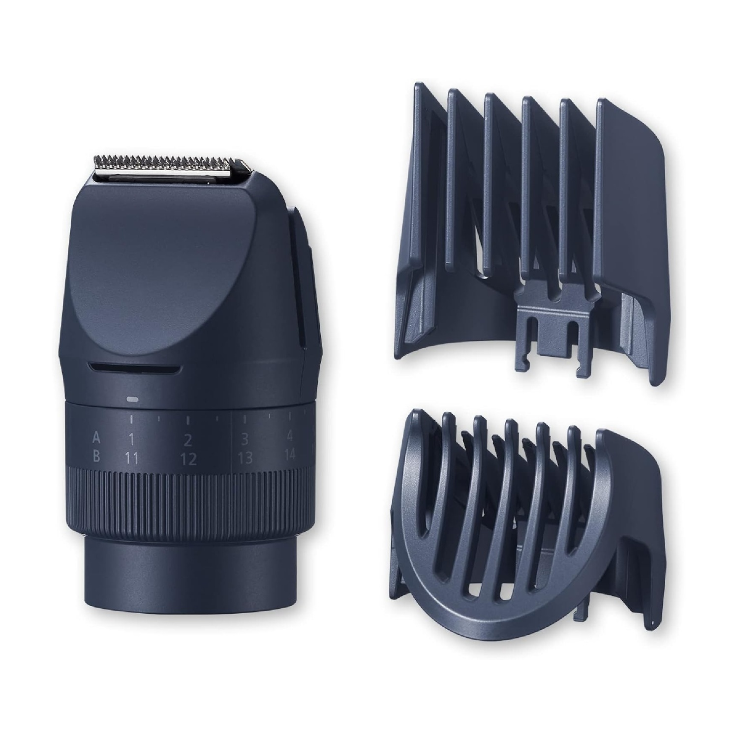 Accessorio tagliacapelli grigio scuro con ghiera regolabile e due pettini.