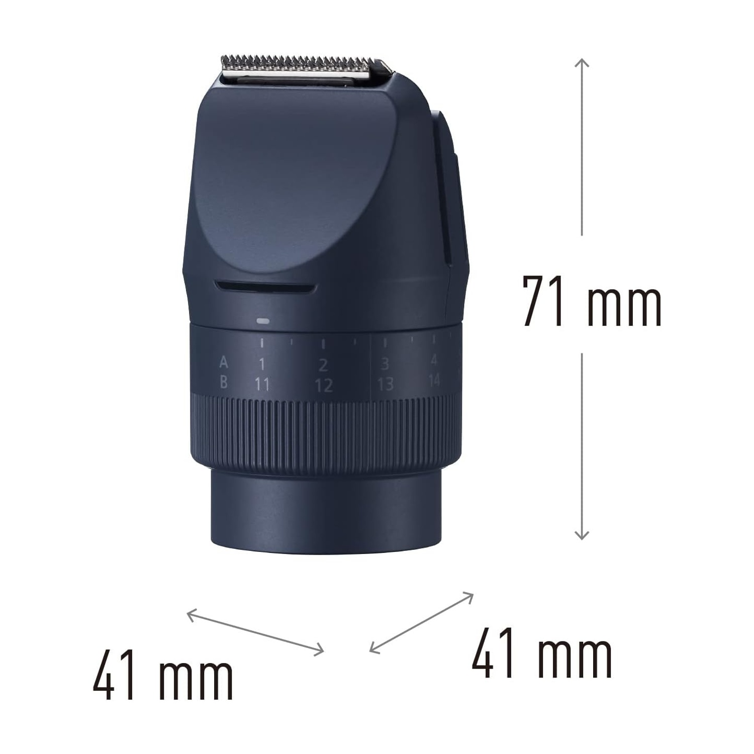 Accessorio tagliacapelli blu scuro, 71x41mm, con anello di regolazione.