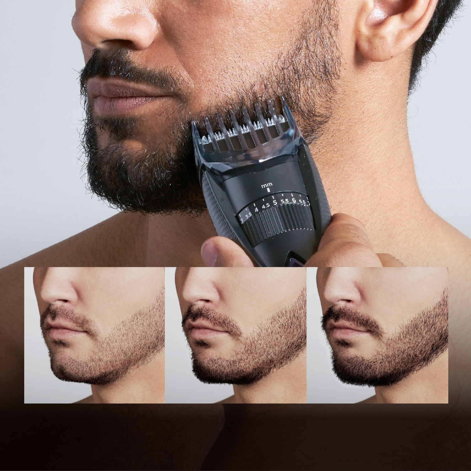 Uomo che taglia la barba con regolabarba elettrico. Mostra lunghezze.