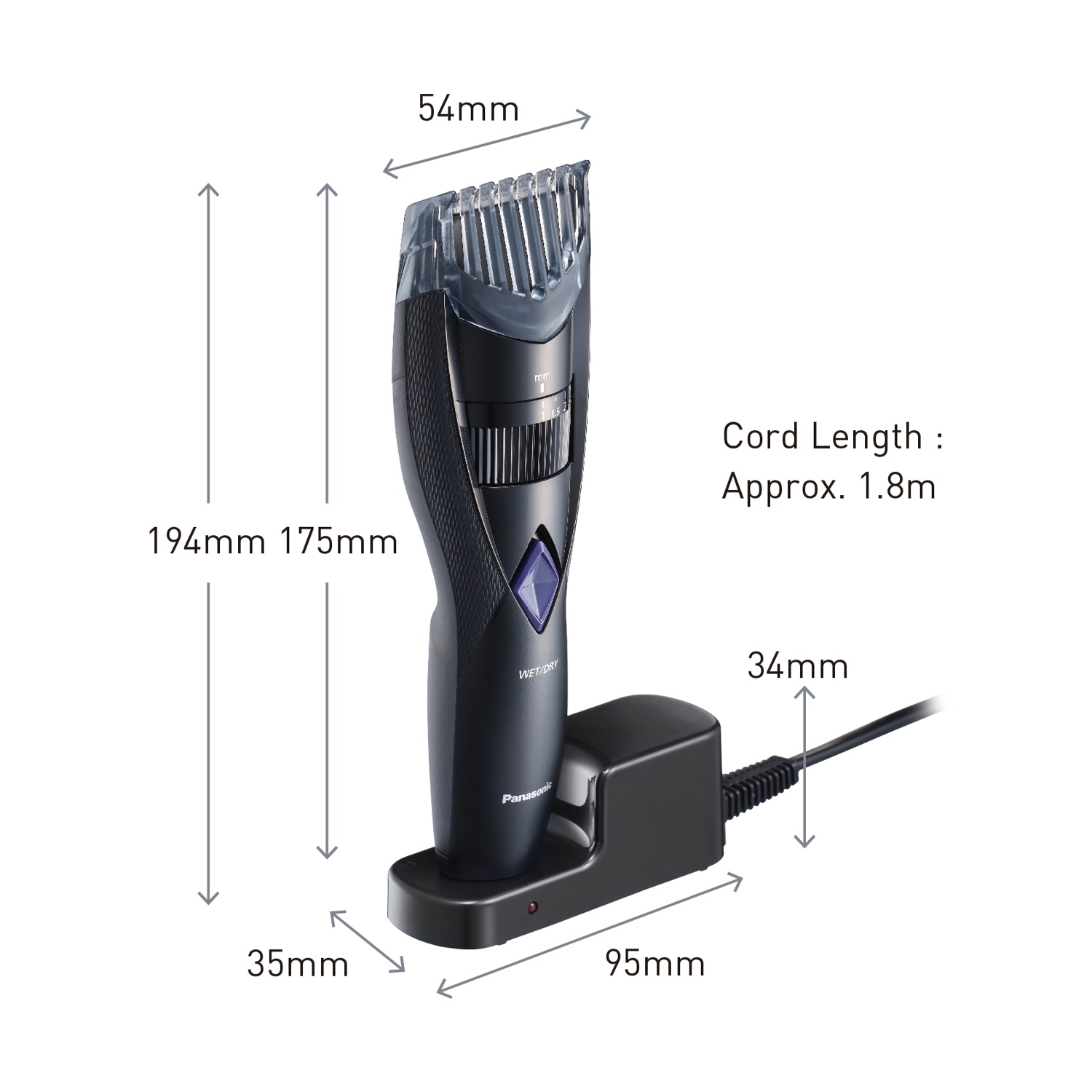 Rifinitore Panasonic nero con base di ricarica. Dimensioni indicate.