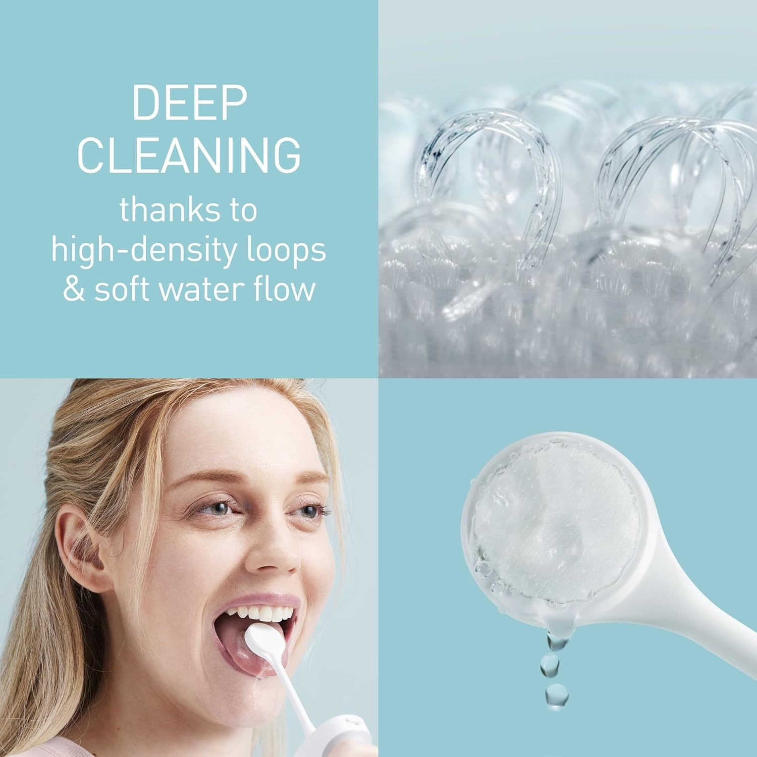 Donna usa puliscilingua, primo piano di setole e flusso d'acqua.