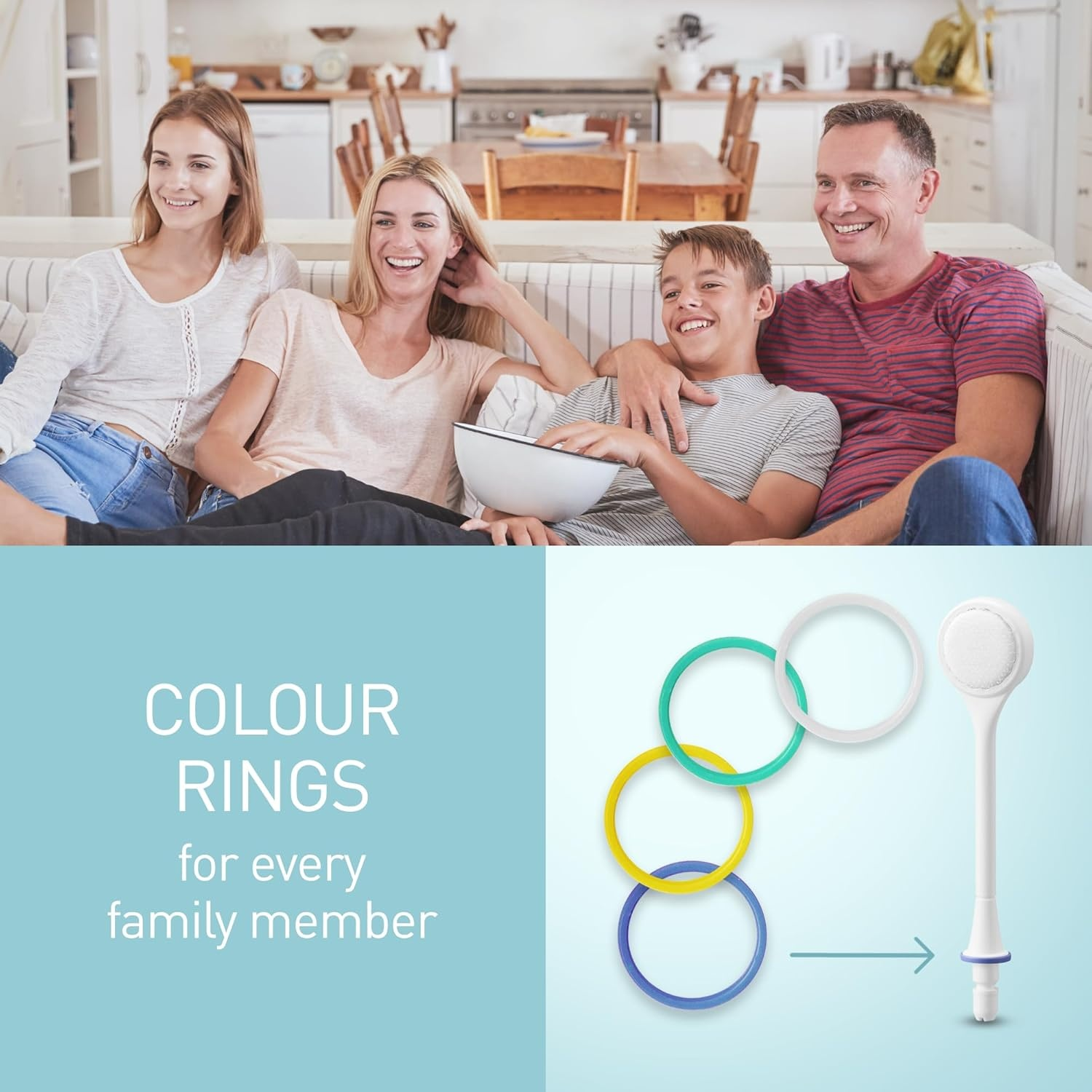 Famiglia guarda la TV; accanto, anelli colorati e un dispositivo.