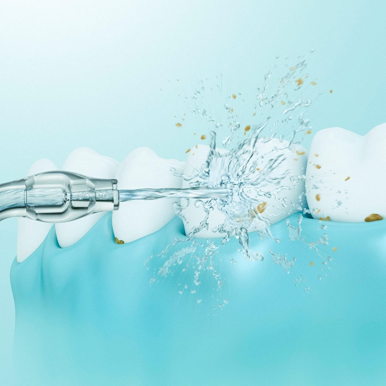 Un getto d'acqua spruzza sui denti, rimuovendo residui di cibo.