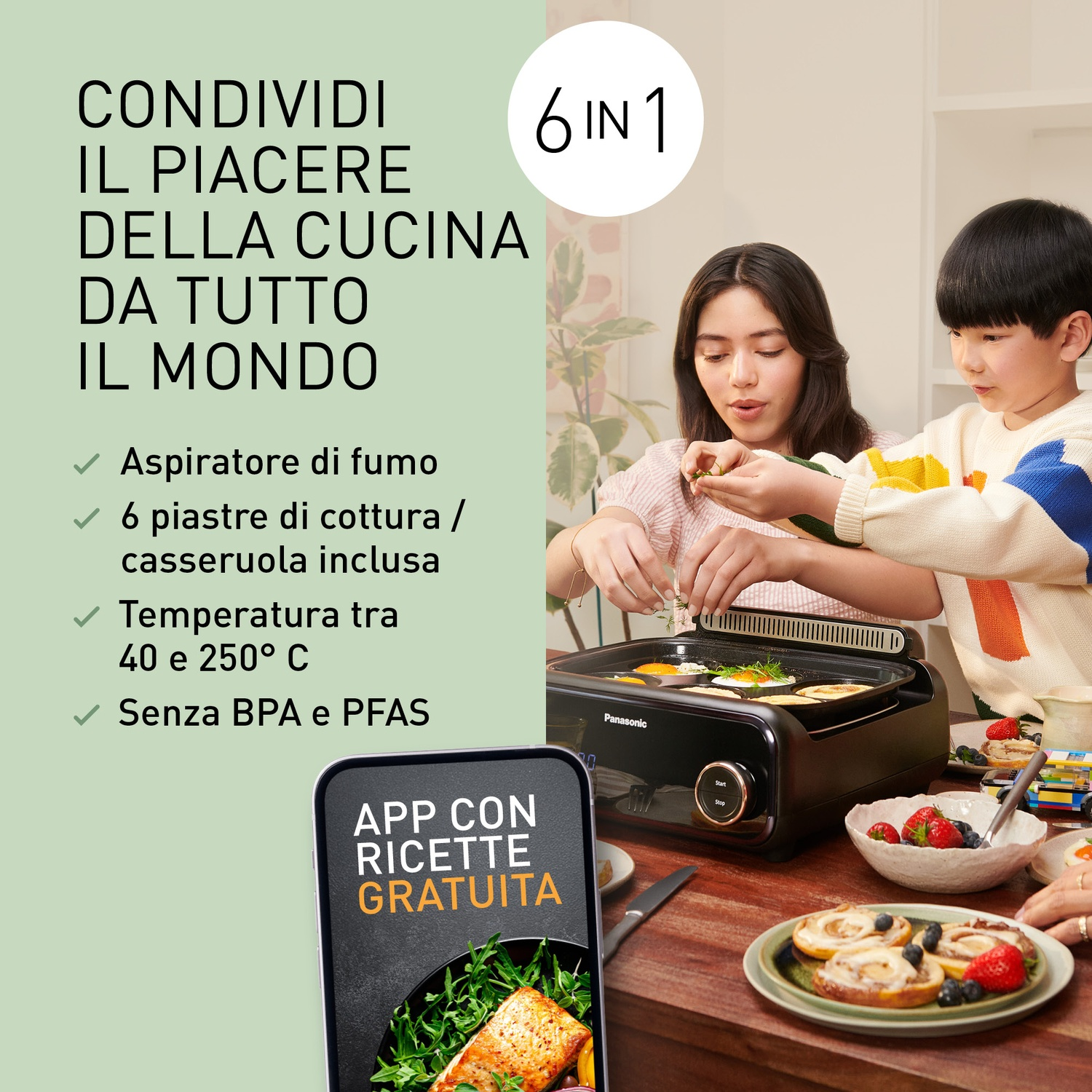 Bambini preparano cibo su una griglia Panasonic, con frutta e dolci sul tavolo.