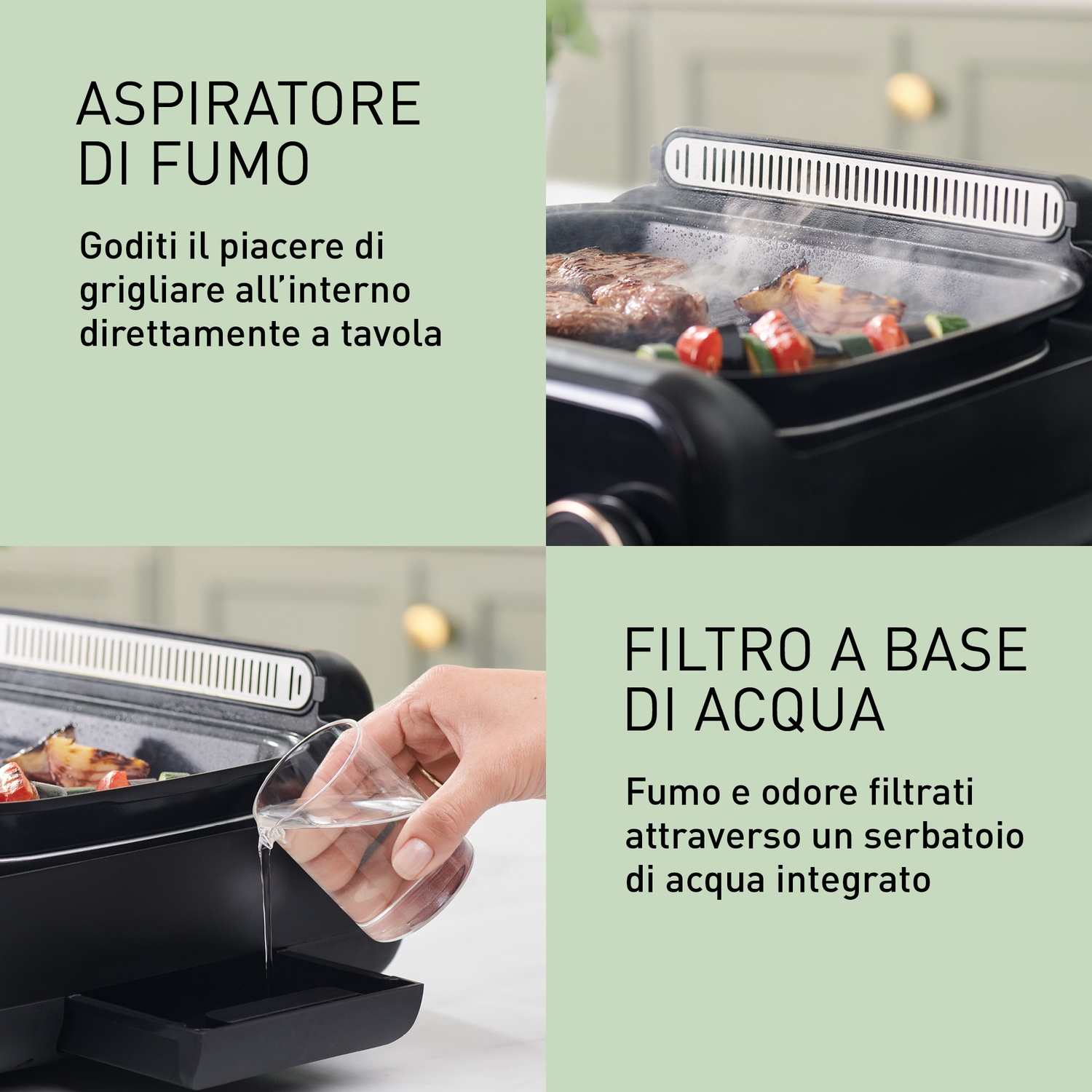 Una griglia con aspiratore fumo e filtro acqua integrati. Carne e verdure vengono grigliate.