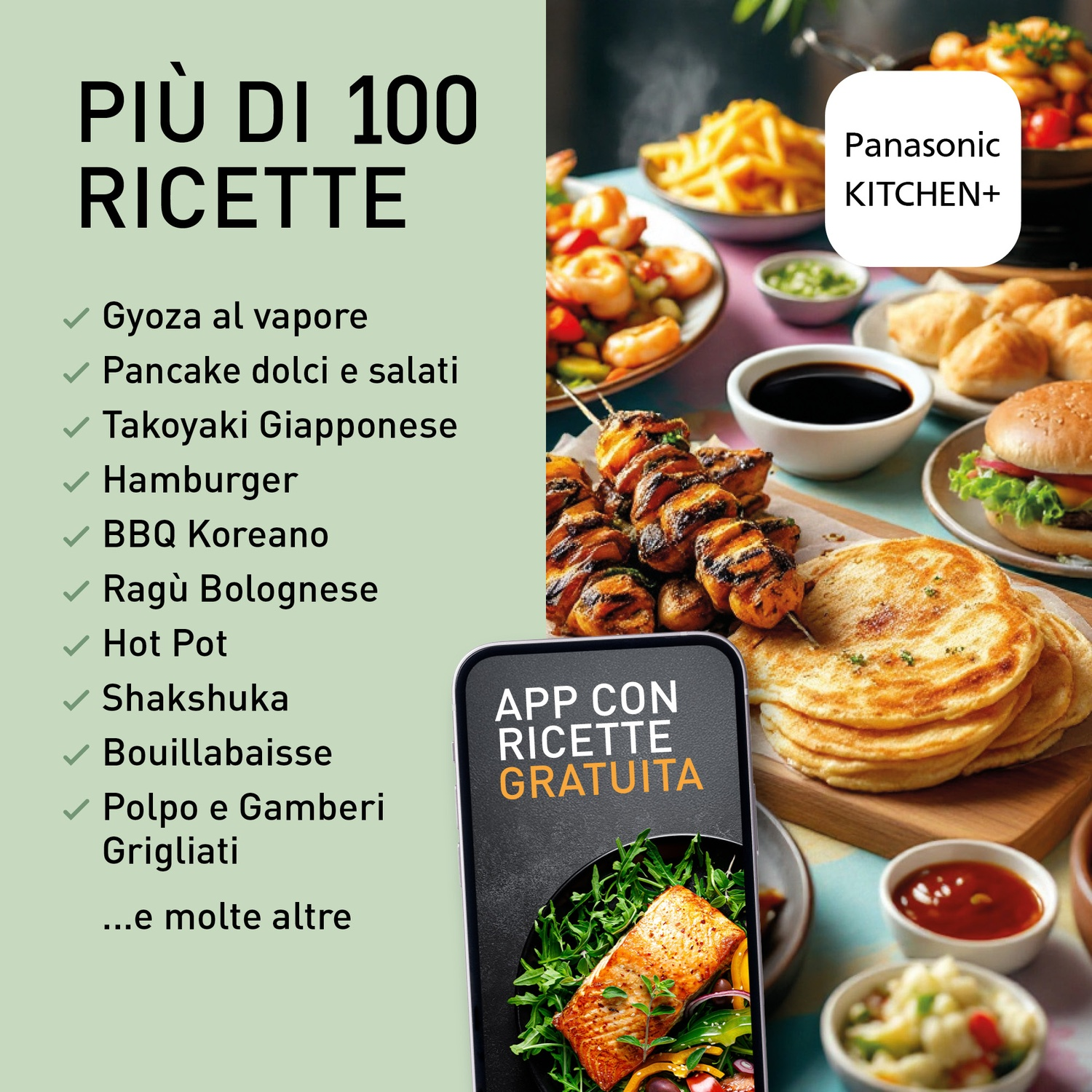Menù con oltre 100 ricette, app Panasonic KITCHEN+, cibo.
