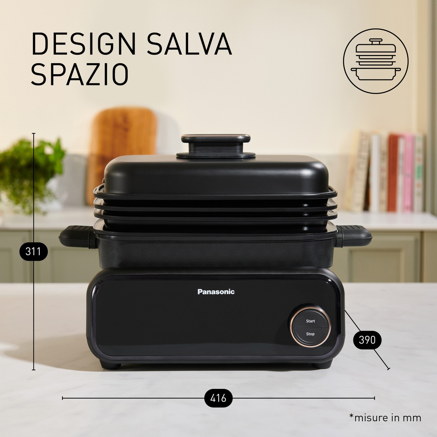 Grill a contatto Panasonic nero, misure 416x390x311mm, su superficie in marmo.
