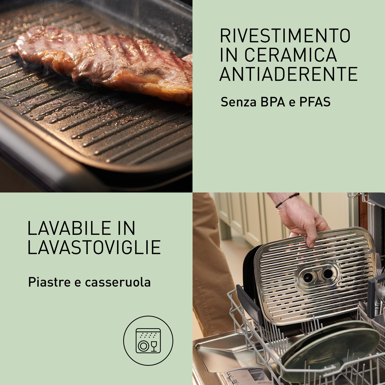 La carne viene grigliata e una parte viene messa in lavastoviglie.
