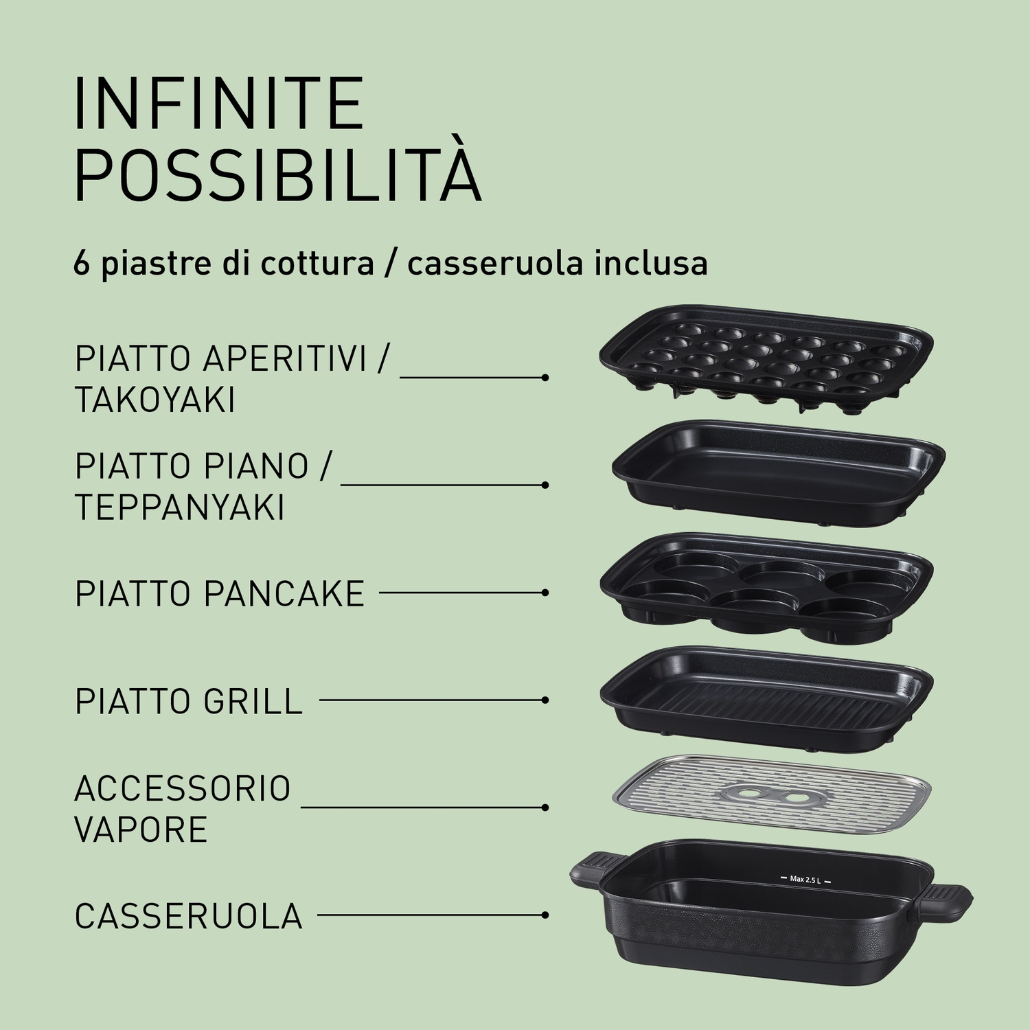 6 piastre/pentole: Takoyaki, Teppanyaki, Pancake, Griglia, Vapore, Pentola.