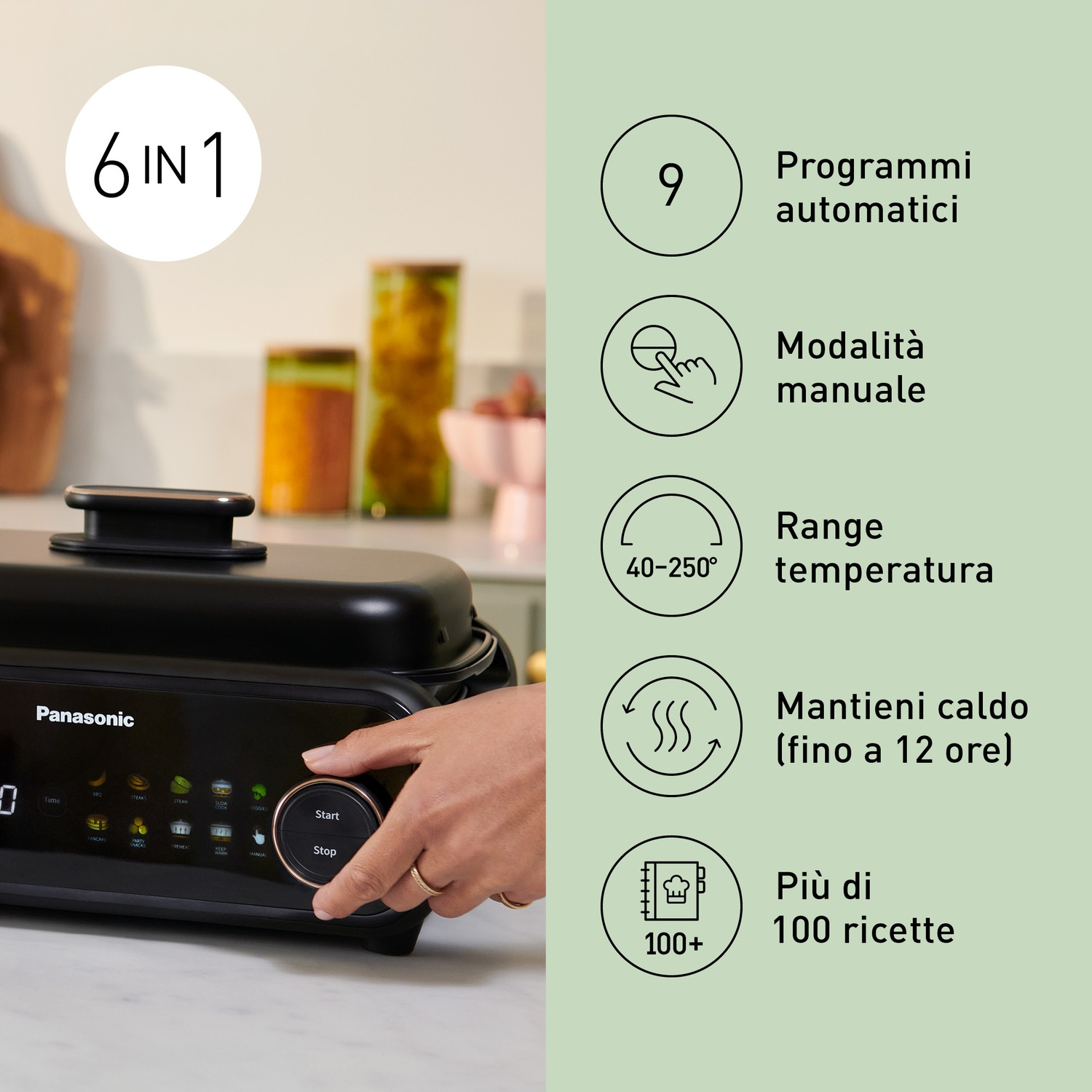 Grill Panasonic nero con touchscreen e manopola. Mostra funzioni 6 in 1.