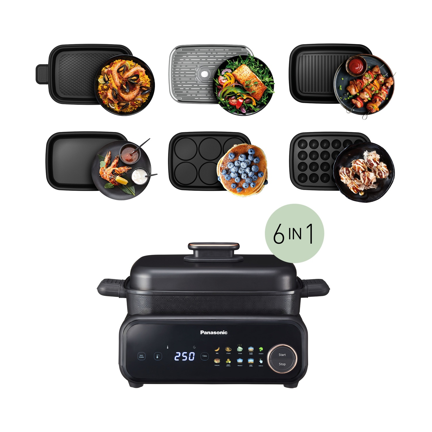 Una pentola Panasonic 6 in 1 nera con vari accessori e piatti di cottura.