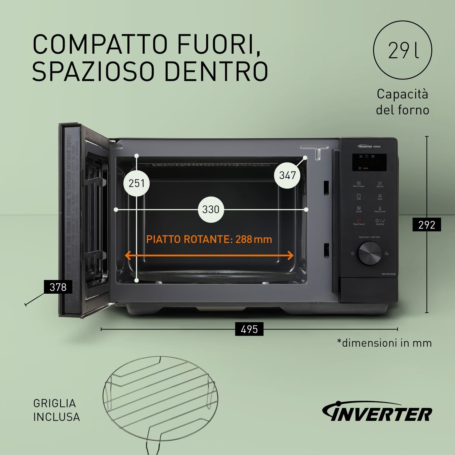 Un microonde nero aperto che mostra dimensioni interne e accessori.