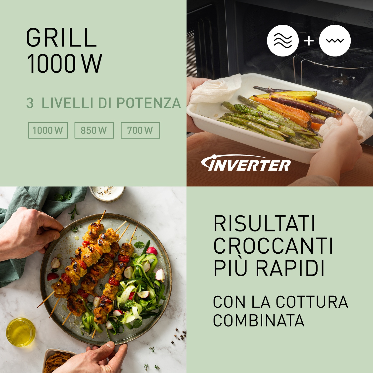 Forno grill e microonde combinato con verdure e spiedini di pollo.