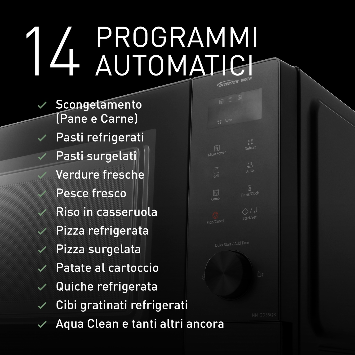Forno a microonde nero con elenco di 14 programmi automatici.