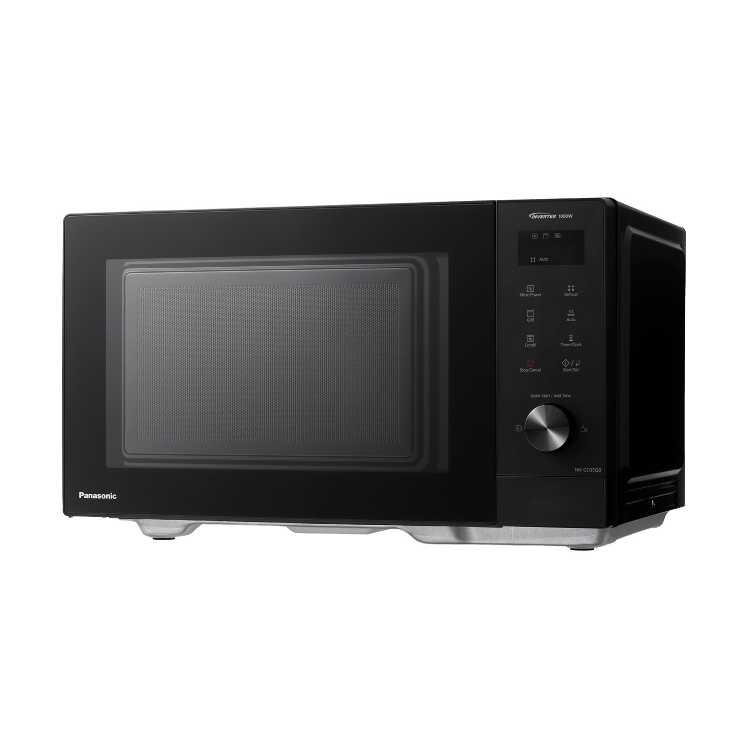 Forno a microonde Panasonic nero con display digitale e pannello di controllo.