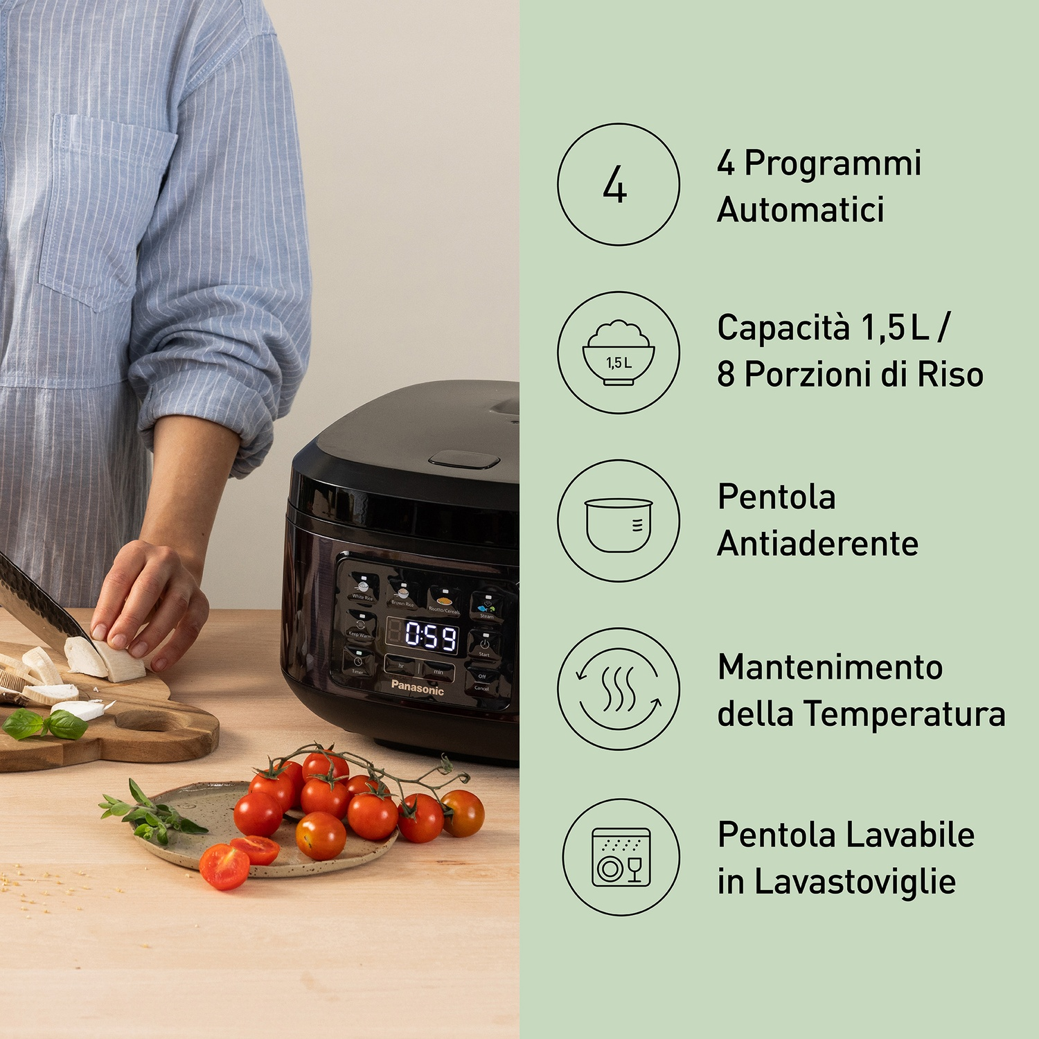 Una persona taglia il formaggio accanto a un cuociriso con infografiche sulle sue funzioni.