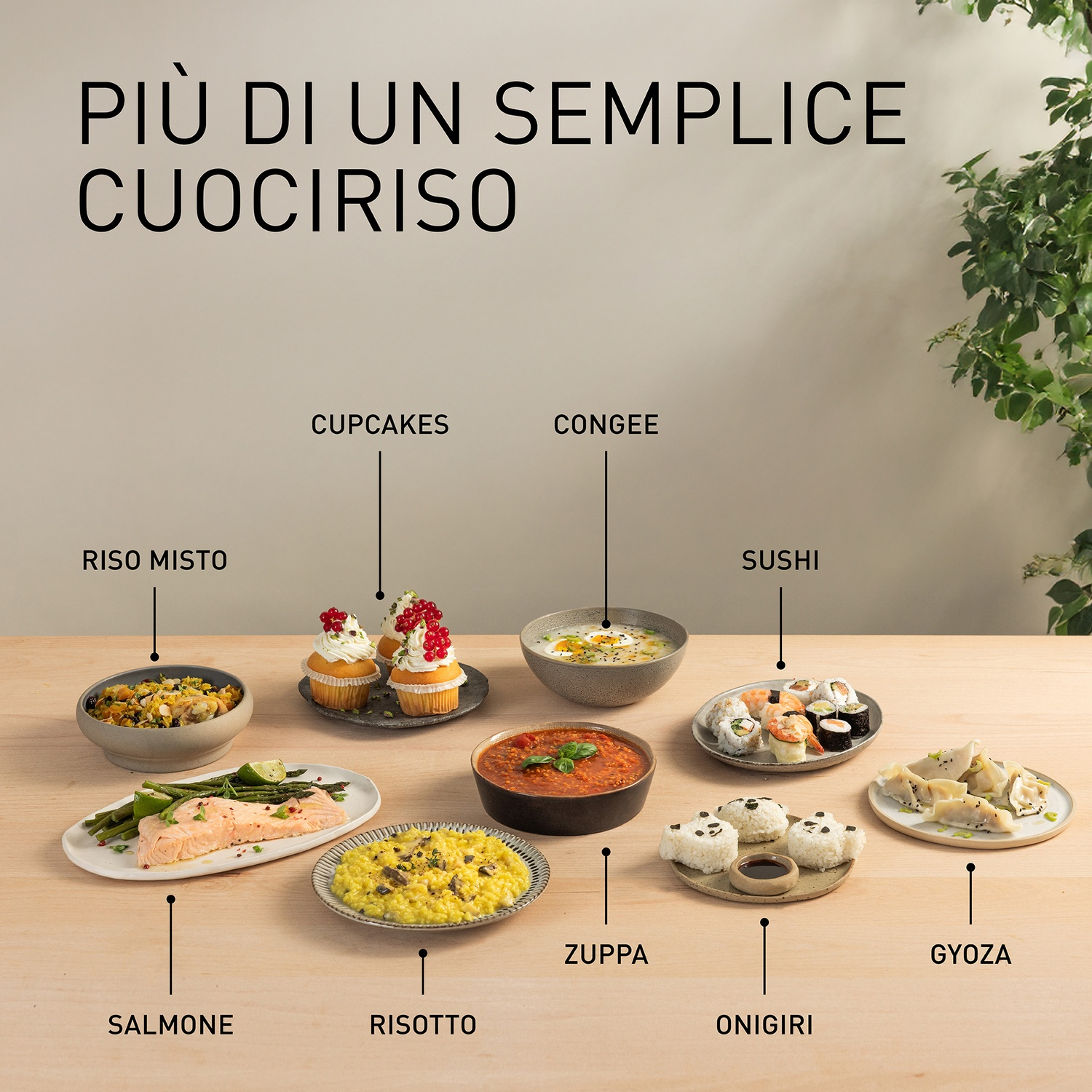Assortimento di piatti: salmone, risotto, sushi, cupcakes, gyoza e altro.