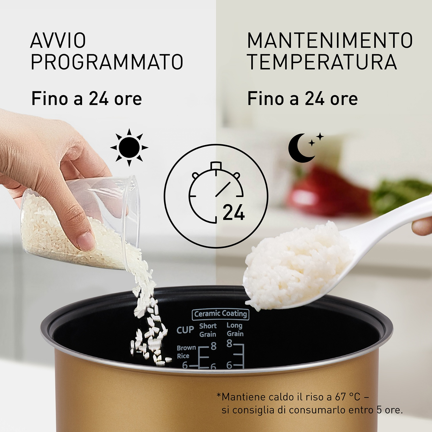 Pentola per riso con timer e mantenimento temperatura.