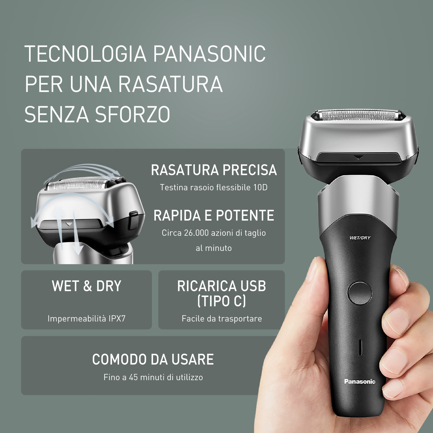 Un uomo tiene un rasoio Panasonic nero con testina argentata, il testo evidenzia le funzioni.