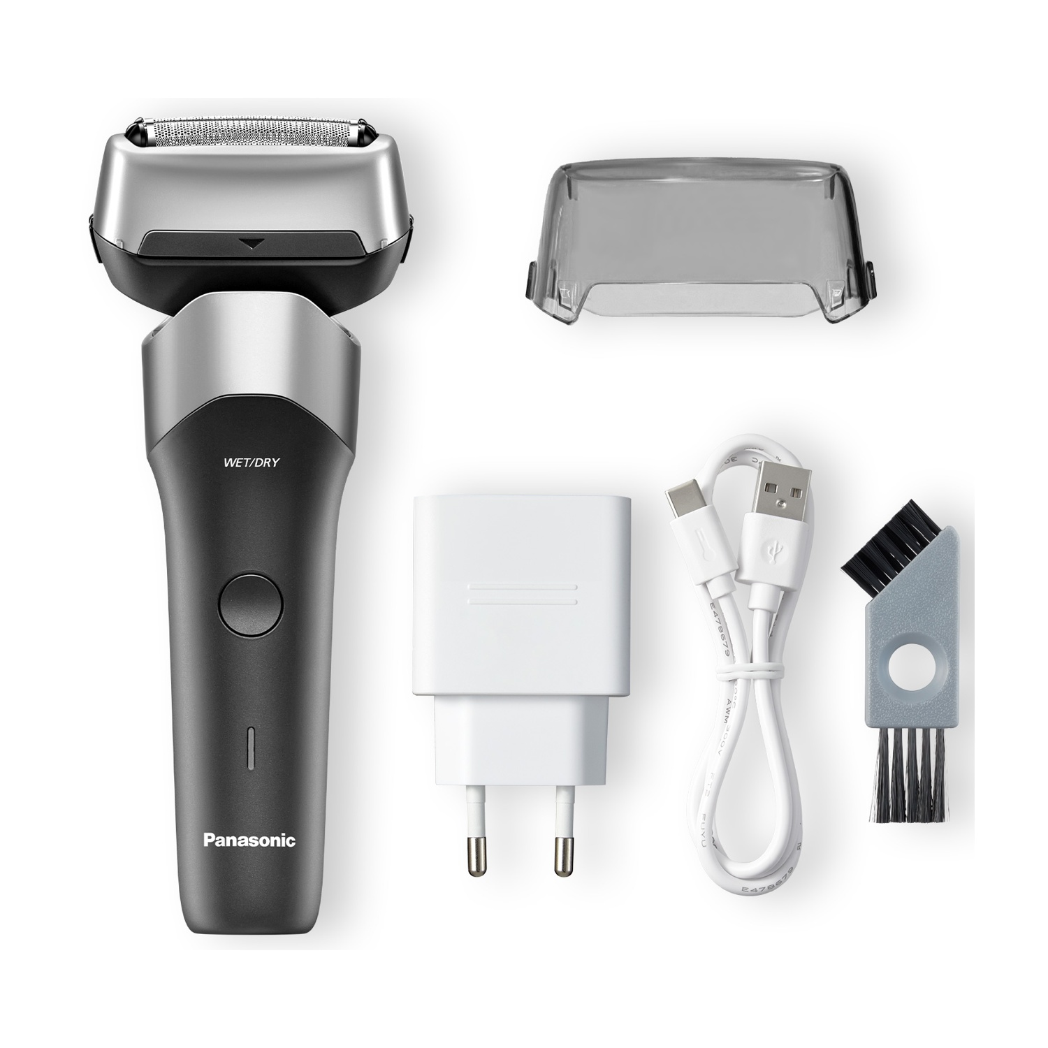Un rasoio Panasonic con caricabatterie, cavo, copri-testina e spazzolino.