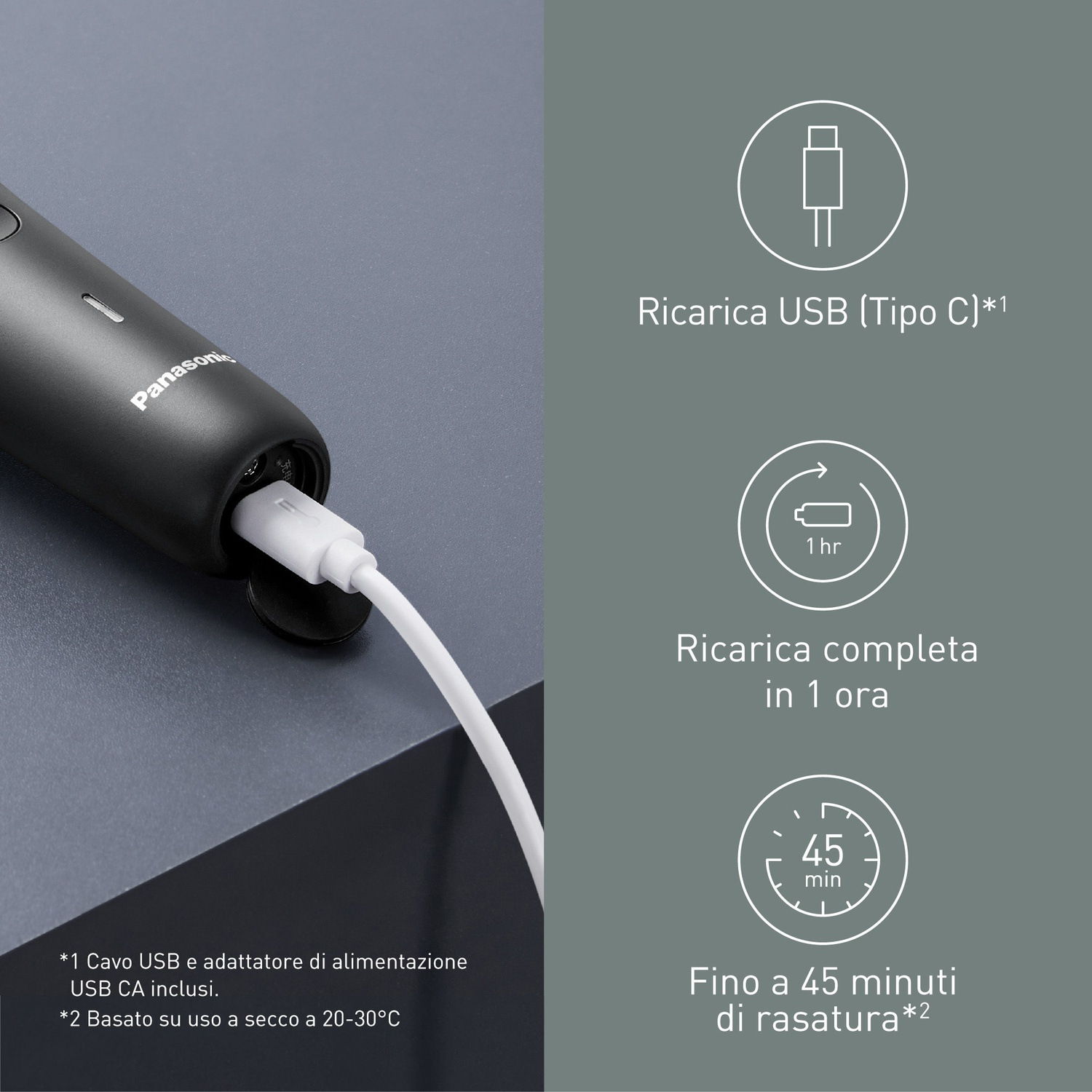 Rasoio Panasonic nero caricato con cavo USB-C bianco. Tempo di ricarica 1 ora.