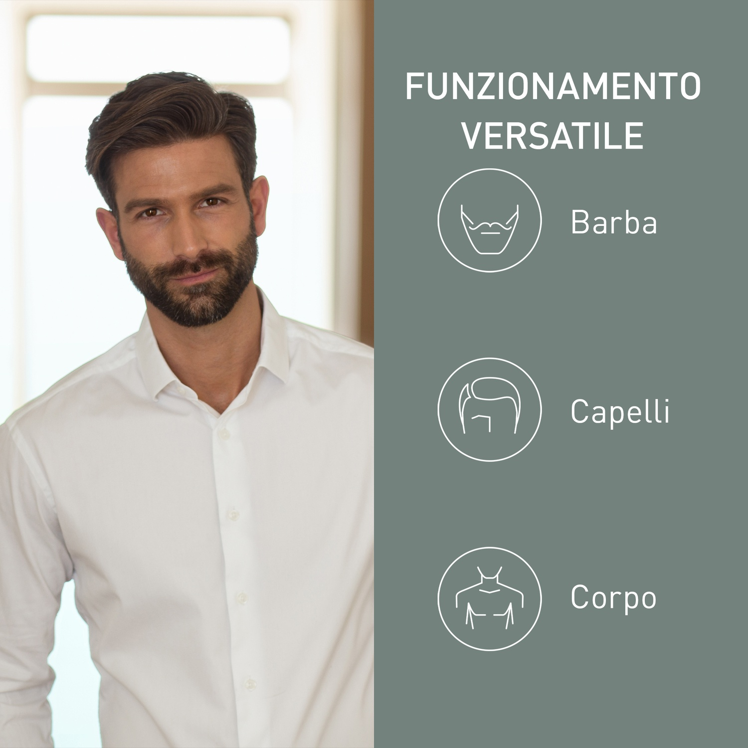 Uomo con barba e camicia bianca, accanto a icone per barba, capelli e corpo.