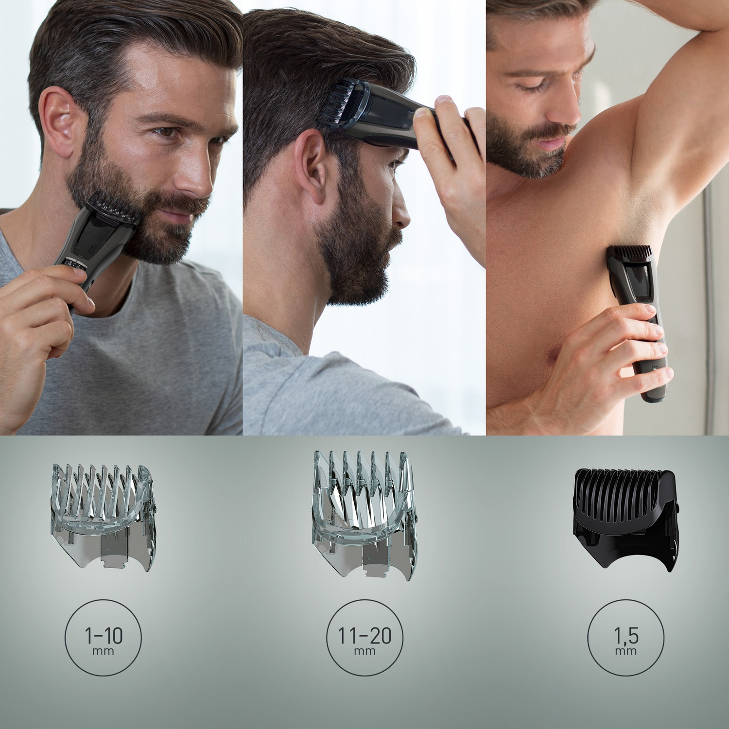 Uomo si rade barba, testa e ascelle. Accessori mostrati.