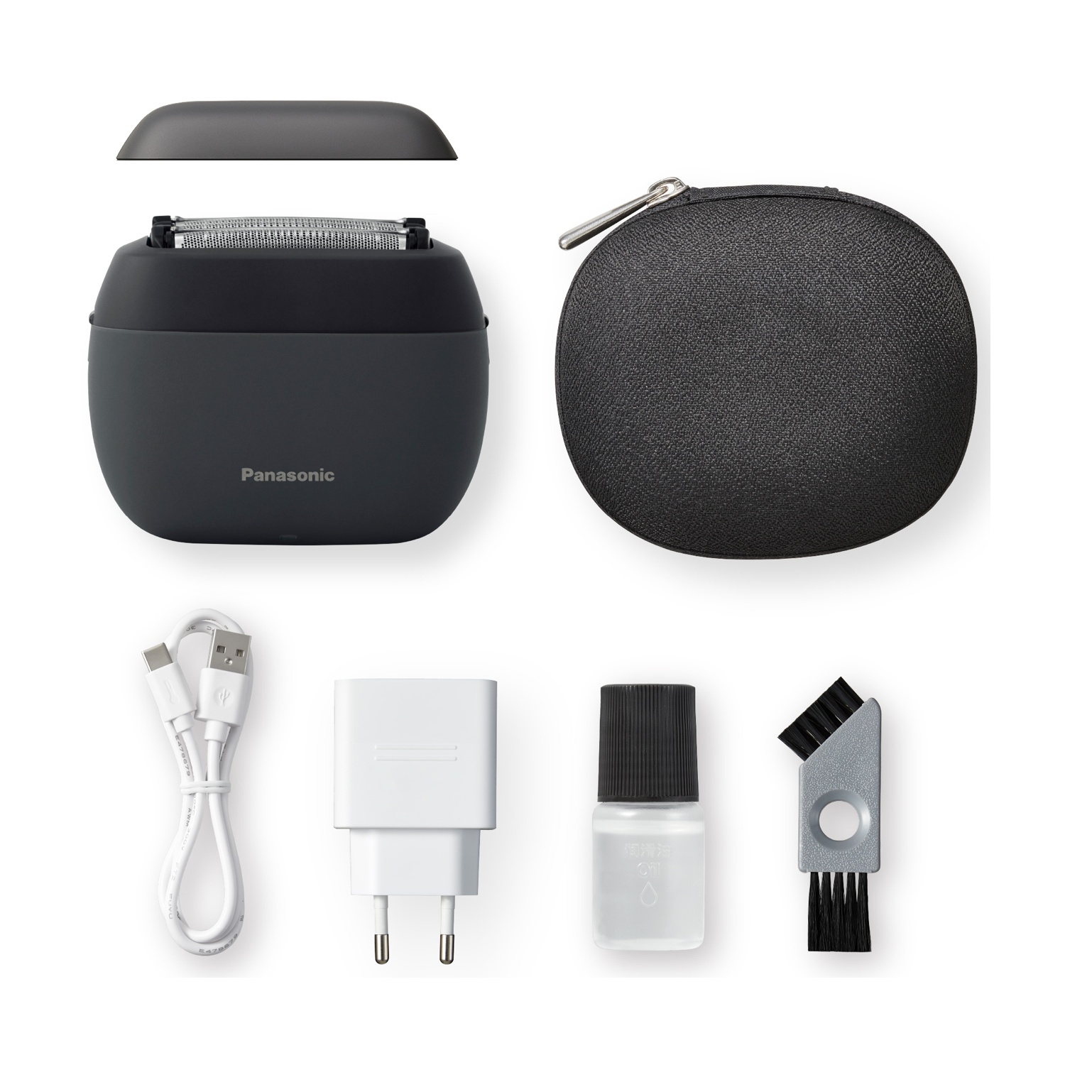 Rasoio Panasonic con accessori: custodia da viaggio, cavo, adattatore, olio.