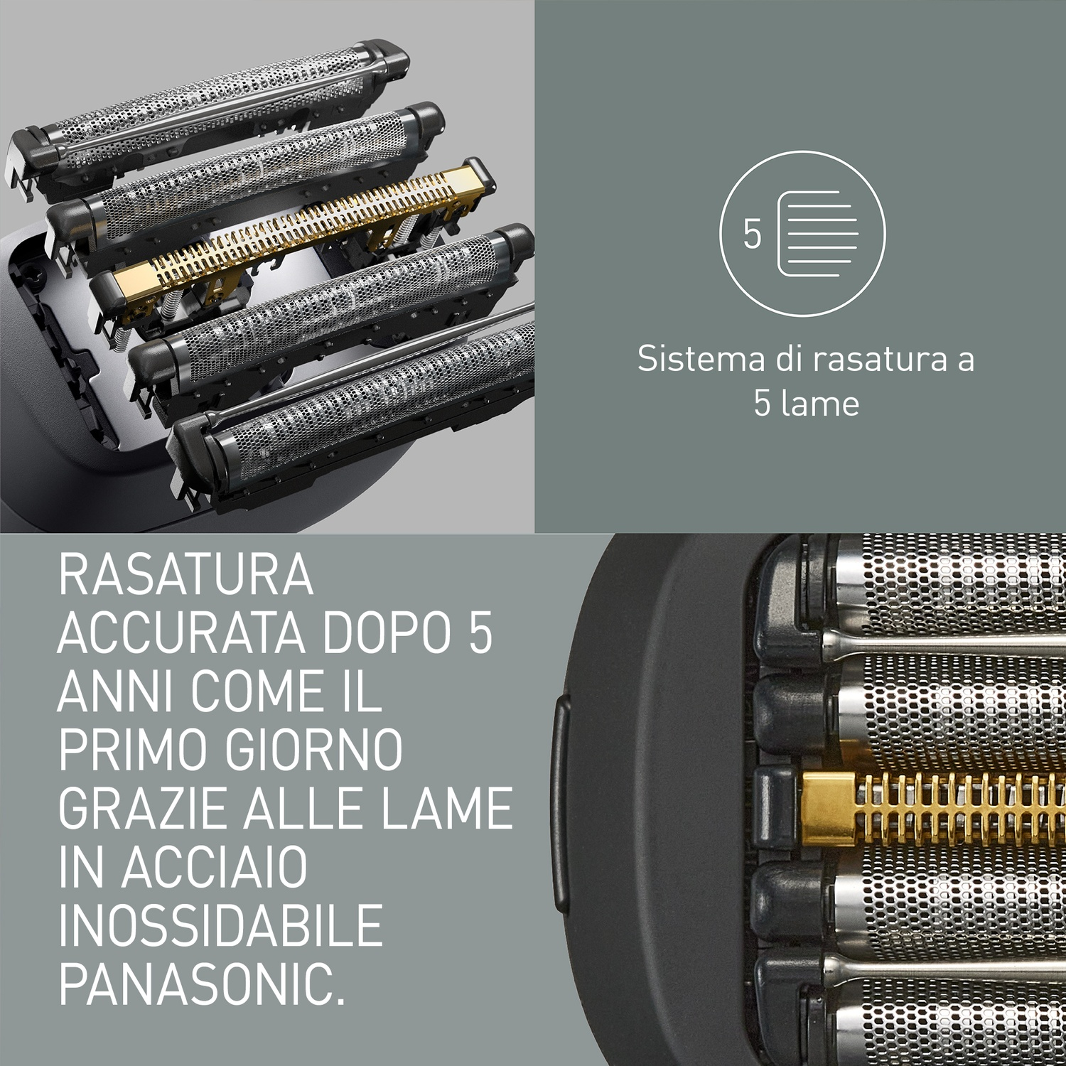 Primo piano di cinque lame di rasoio, una dorata, con testo.