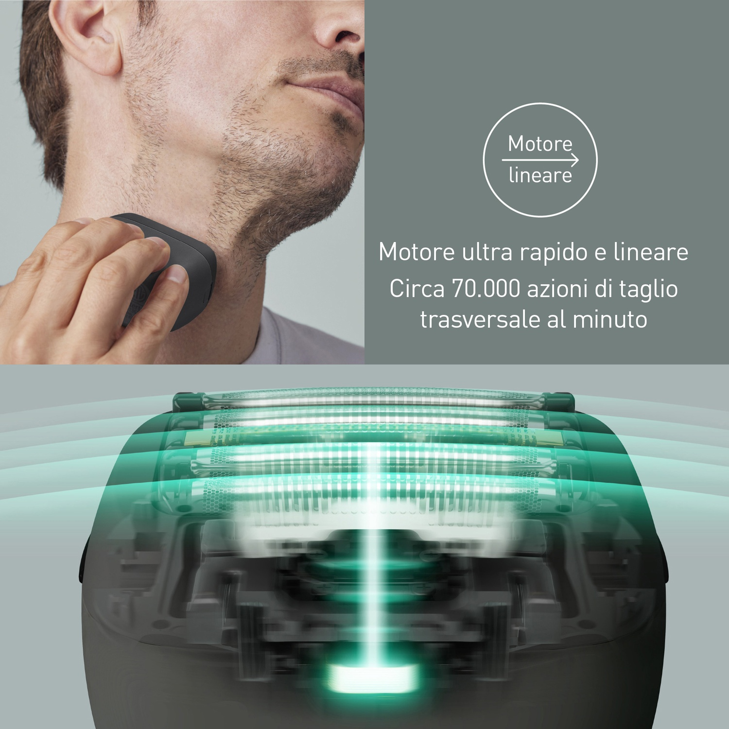 Uomo si rade il collo con rasoio elettrico scuro, primo piano della testina.