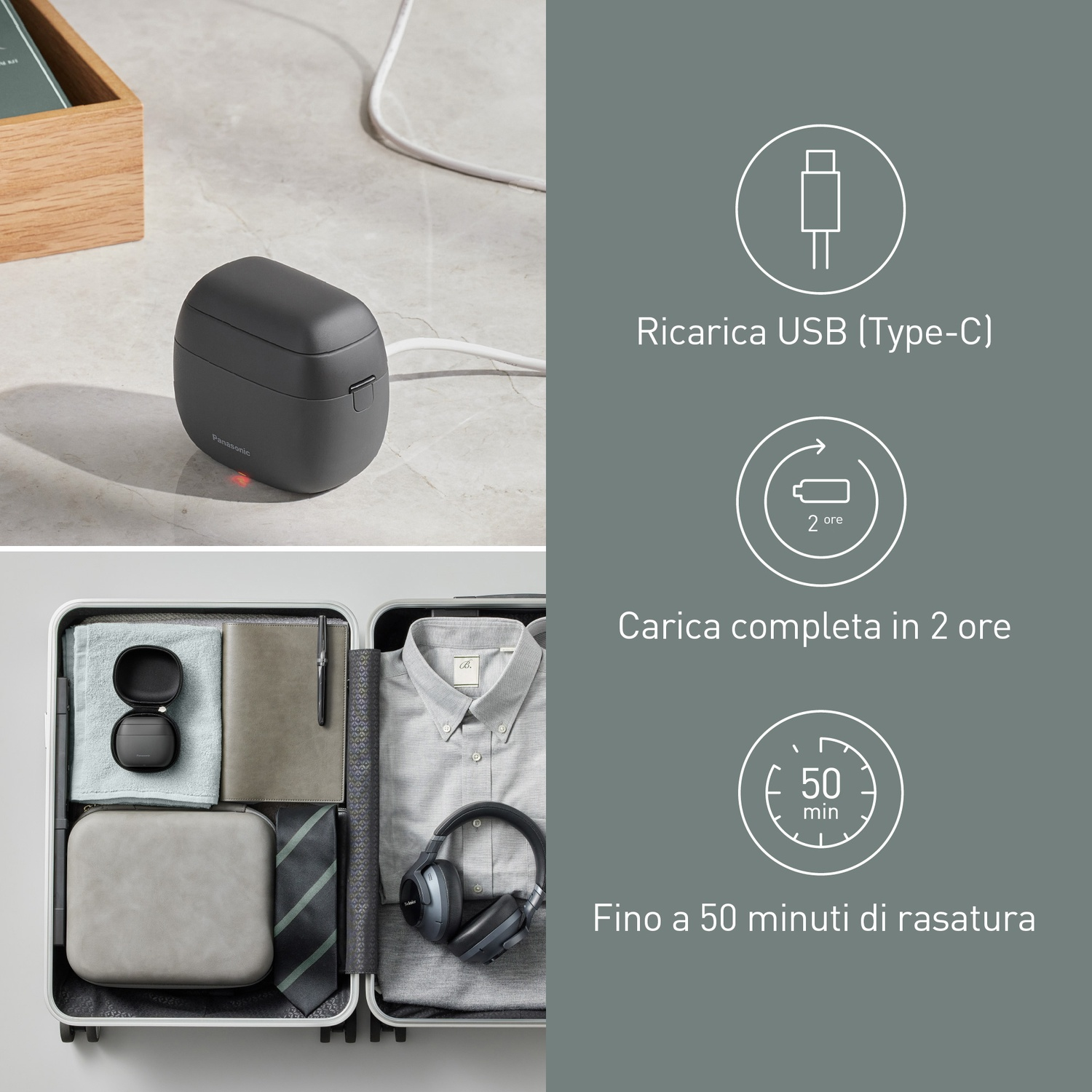 Custodia di ricarica grigio scuro con USB-C, accanto a una valigia aperta con vestiti e cuffie.