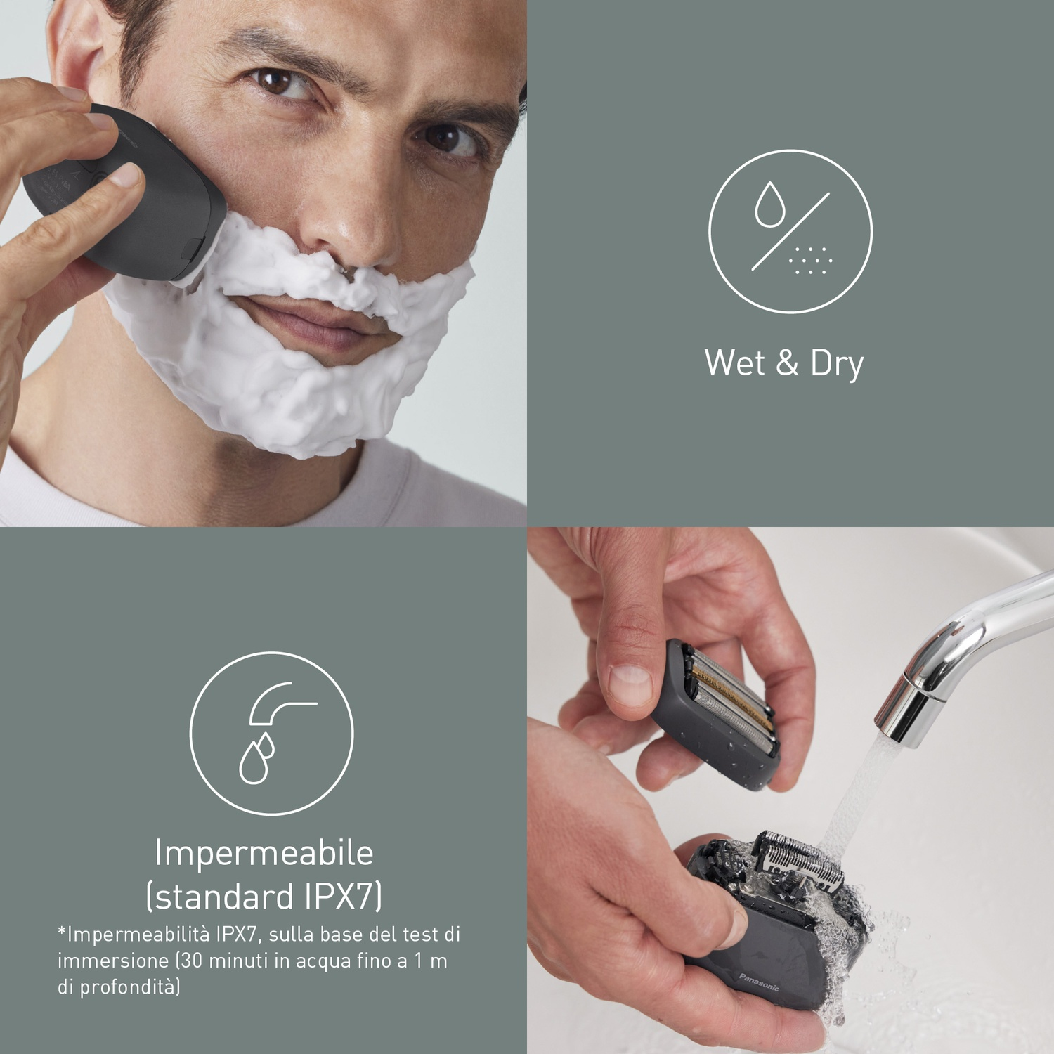 Uomo si rade. Rasoio elettrico sciacquato sotto acqua corrente. Wet & Dry.