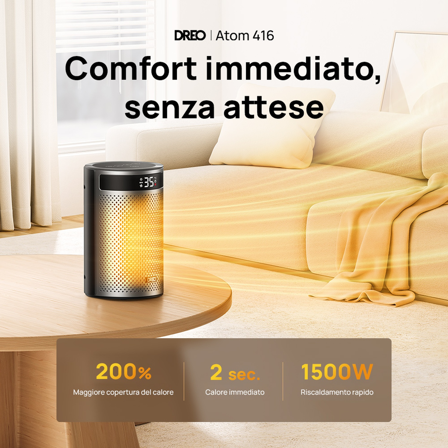 Un termoventilatore su un tavolo di legno davanti a un divano. Con sovrapposizioni di testo.