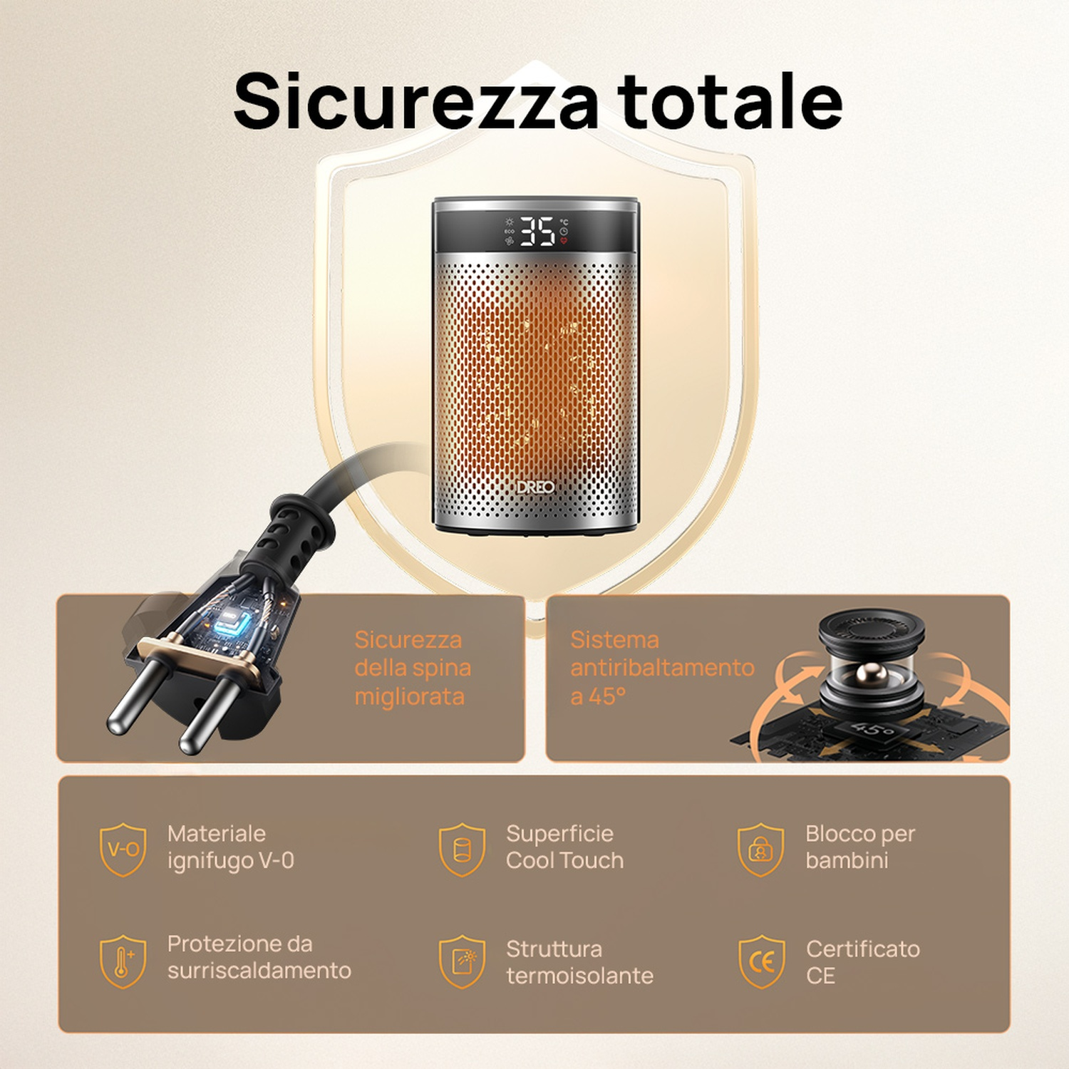 Un termoventilatore con display digitale, spina migliorata, protezione antiribaltamento e blocco bimbi.