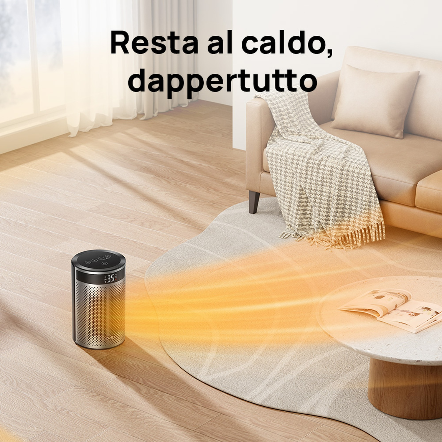 Una piccola stufetta riscalda un tappeto in un soggiorno con divano.