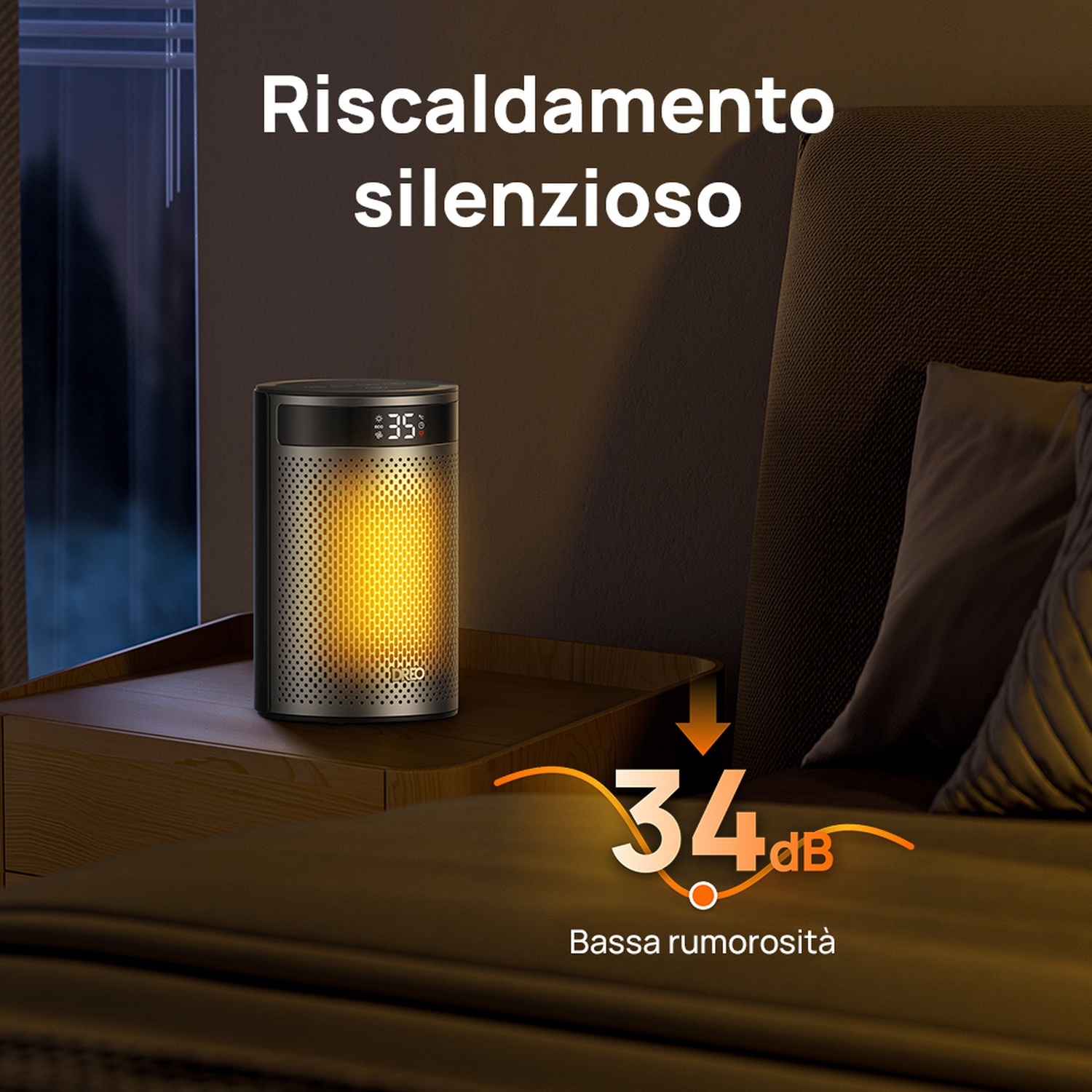 Un termoventilatore silenzioso a 35°C su un comodino.