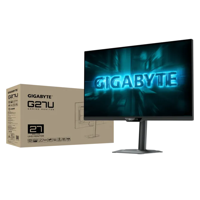 Un monitor muestra el logo de Gigabyte, junto a su embalaje.