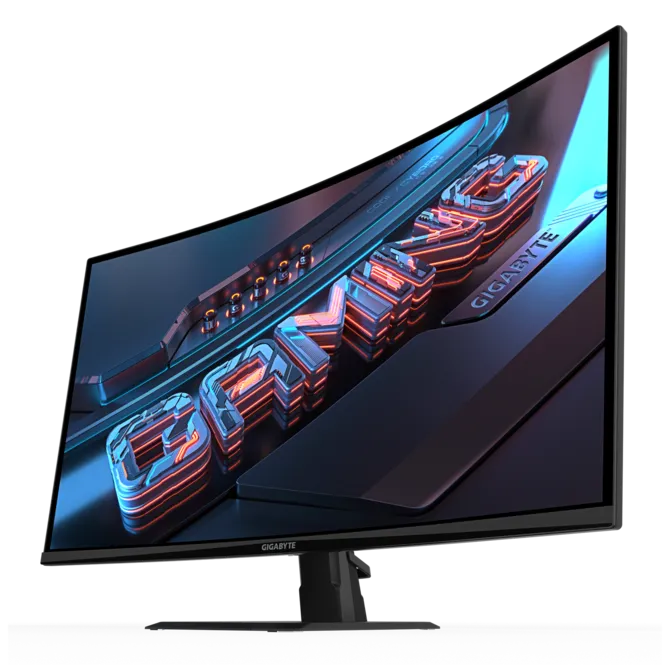 Un monitor curvo para juegos muestra letras de texto brillantes naranjas y azules.