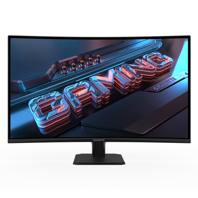 Un monitor curvo muestra la palabra GAMING en letras 3D con iluminación de neón.