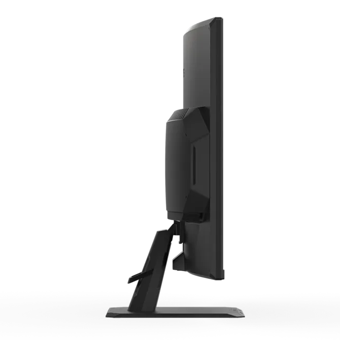 Vista lateral de un monitor negro con un diseño elegante y moderno sobre fondo negro.