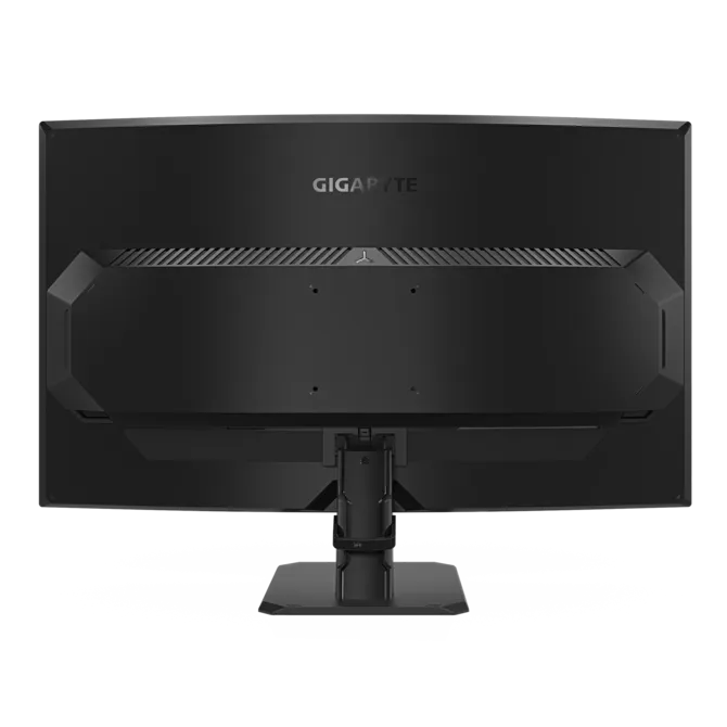 Vista trasera de un monitor negro con logo GIGABYTE y soporte ajustable.