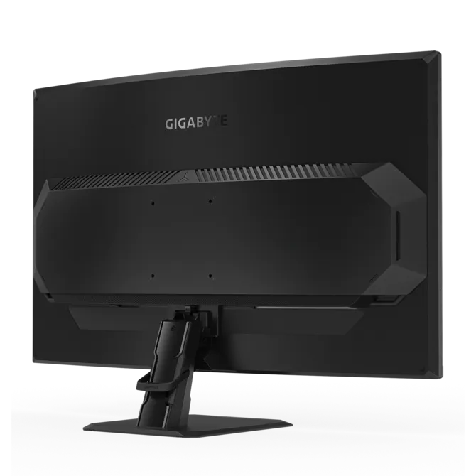 Vista trasera de un monitor GIGABYTE negro con logo plateado y rejillas.