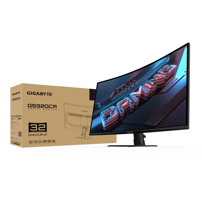 Un monitor curvo para juegos Gigabyte con su caja al lado.