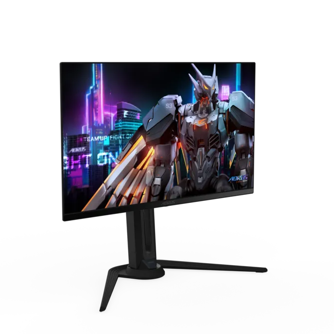 Un monitor gamer muestra un robot futurista y una ciudad de neón. Soporte negro.