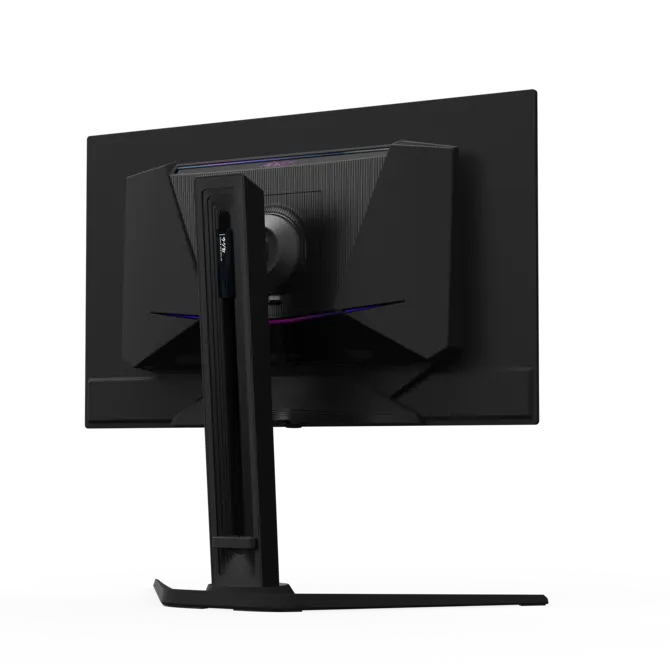 Vista trasera de un monitor negro con su soporte e iluminación RGB.